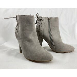 Izabella Rue Baker High Heel Ankle Boots Bootie Lace Up Faux Suede Grey Size 9
